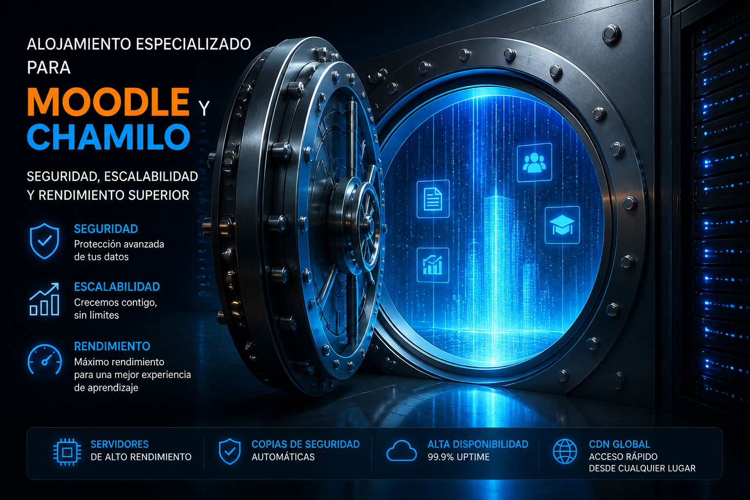 Hosting especializado para Moodle, Chamilo y plataformas e-learning: la clave para un campus virtual rápido, estable y seguro Hosting especializado para Moodle y Chamilo: rendimiento, seguridad y escalabilidad