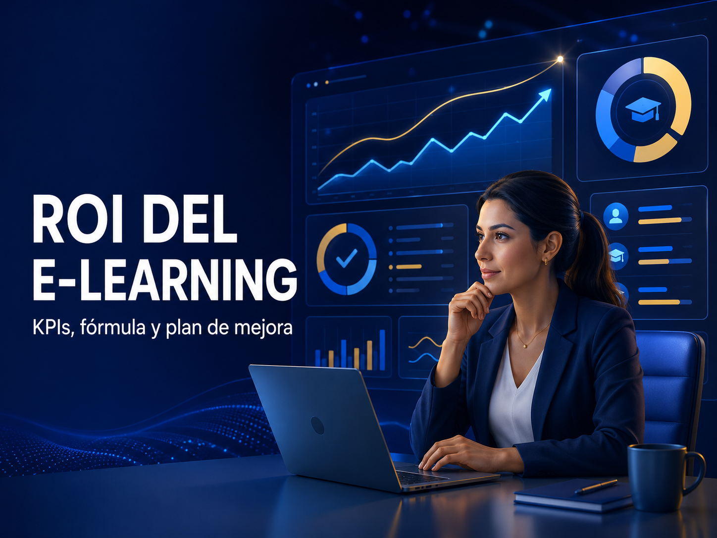 Cómo medir el ROI de una estrategia e-learning: KPIs, fórmula y plan de mejora Dashboard para medir el ROI del e-learning y los principales KPIs de una plataforma LMS.