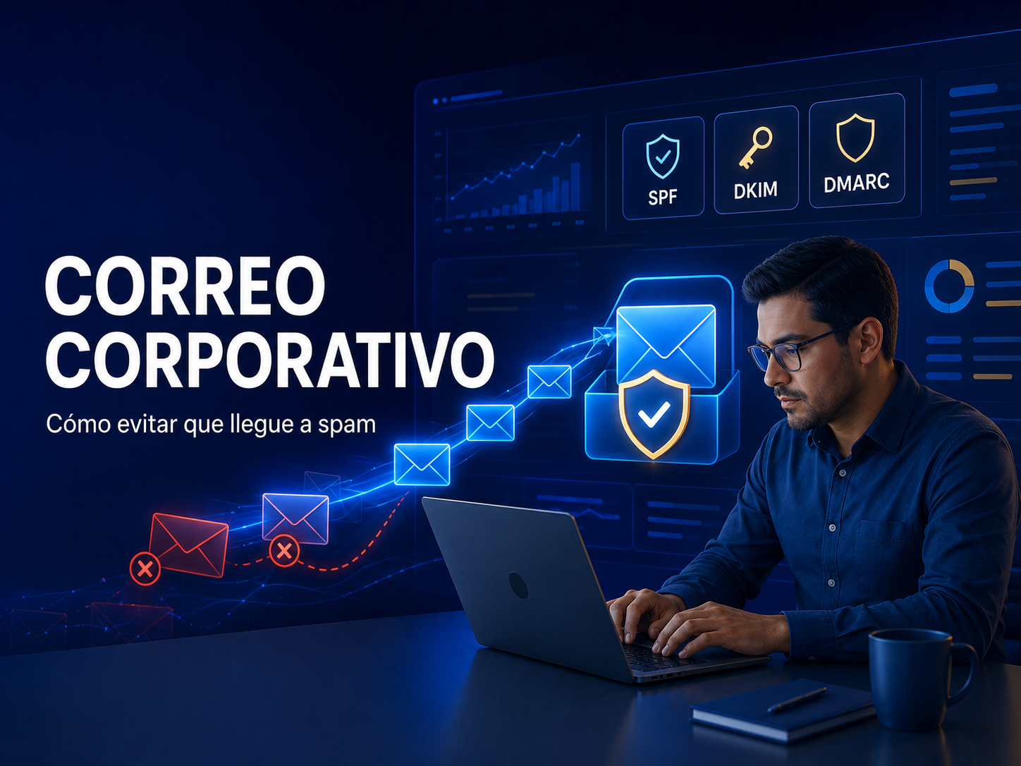 Proceso para evitar que el correo corporativo llegue a spam mediante SPF, DKIM y DMARC.