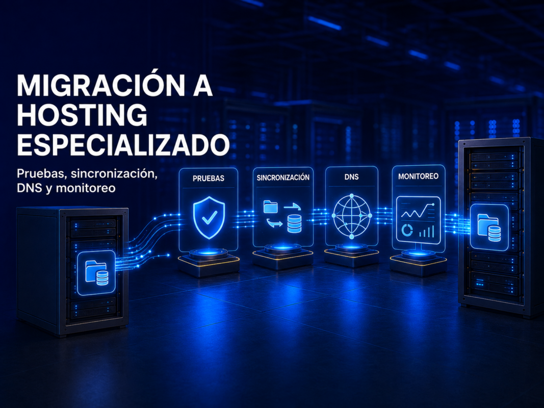 Internet Ya Etapas de una migración a hosting especializado con pruebas, cambio DNS y monitoreo.