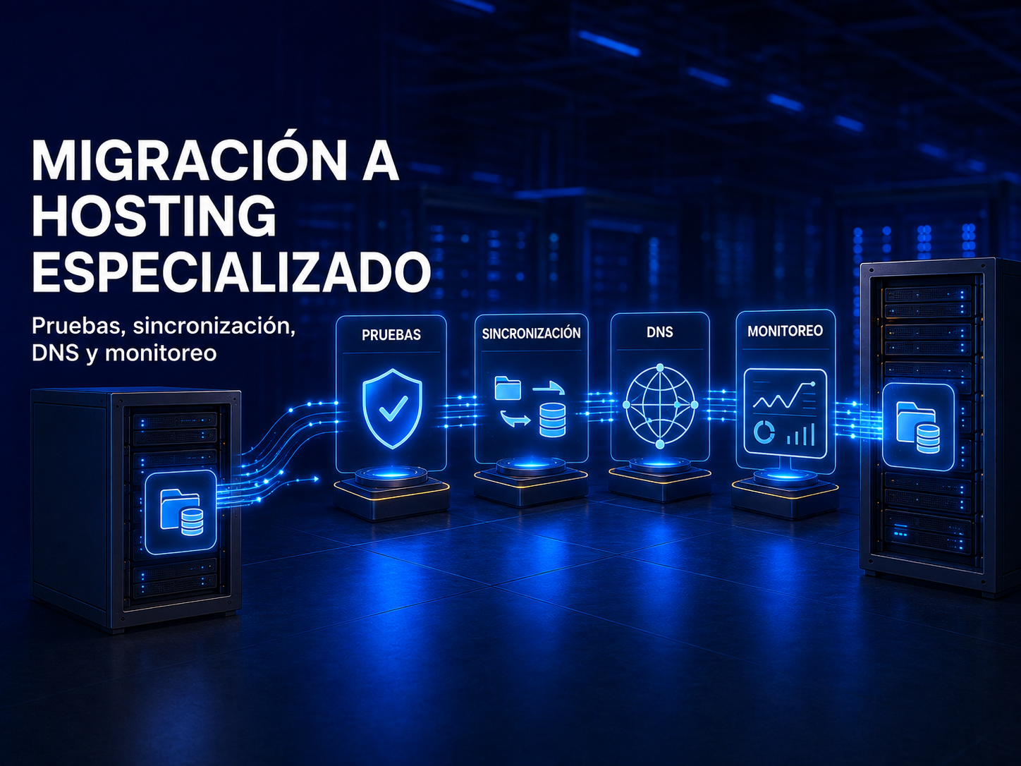 Etapas de una migración a hosting especializado con pruebas, cambio DNS y monitoreo.